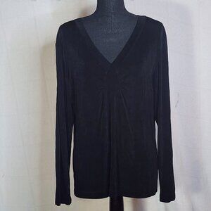 Chico's Travelers Black Acetate Span LS V Ruched Neck Top Chico Size 3 US XL 16